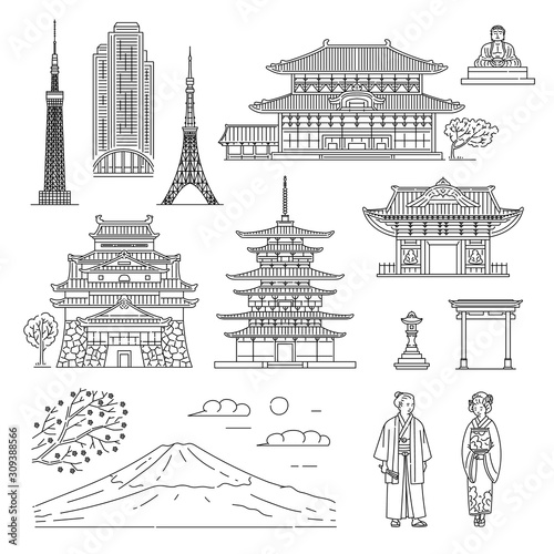 Japan line art set - Oriental architecture, people in national clothes and Fuji