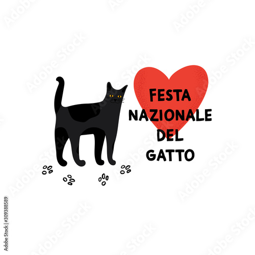 National Cat Day. Greeting card with cute character for a traditional Italian holiday. Portrait of Bombay breed.