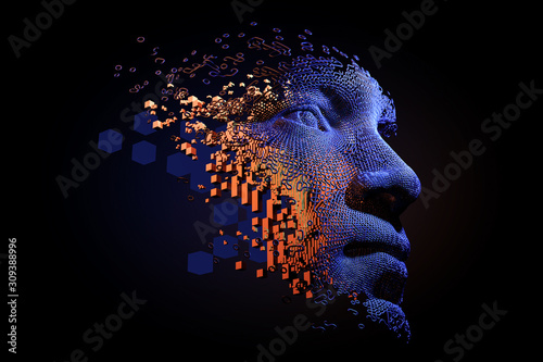Abstract digital human face.  Artificial intelligence concept of big data or cyber security. 3D illustration  photo