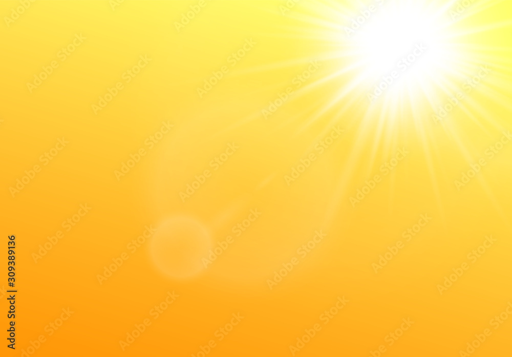 Sun shining in the sky realistic vector illustration on yellow background. - obrazy, fototapety, plakaty 