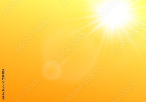 Sun shining in the sky realistic vector illustration on yellow background.