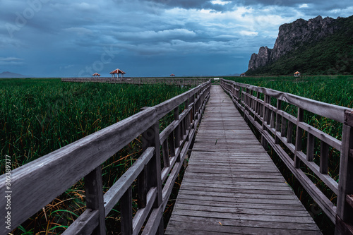 Wooden foot bridge leading into the lake with mountain and sky in background.