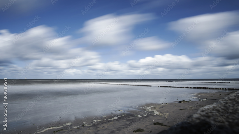 Baltic seaside, cloudy sky, long exposure