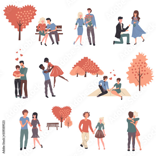 Young couples in love cartoon characters set. Boyfriends and girlfriends, people in romantic relationship flat vector illustrations pack. Husbands and wives, spouses celebrate Valentine day together