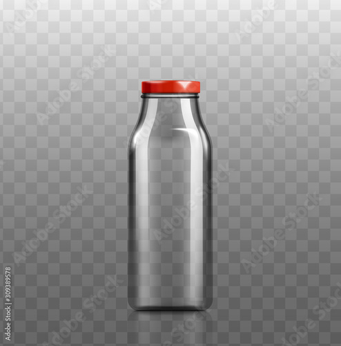 Empty glossy glass bottle with red lid realistic vector illustration isolated.