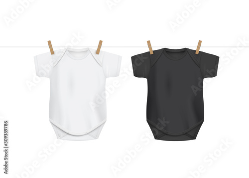 White and black baby bodysuit templates realistic vector illustration isolated.