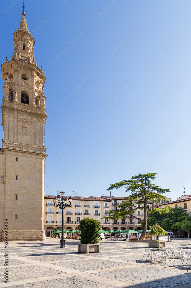 Logrono, Spain. One of the towers of the Cathedral of Santa Maria de la Redonda on Mercado Square