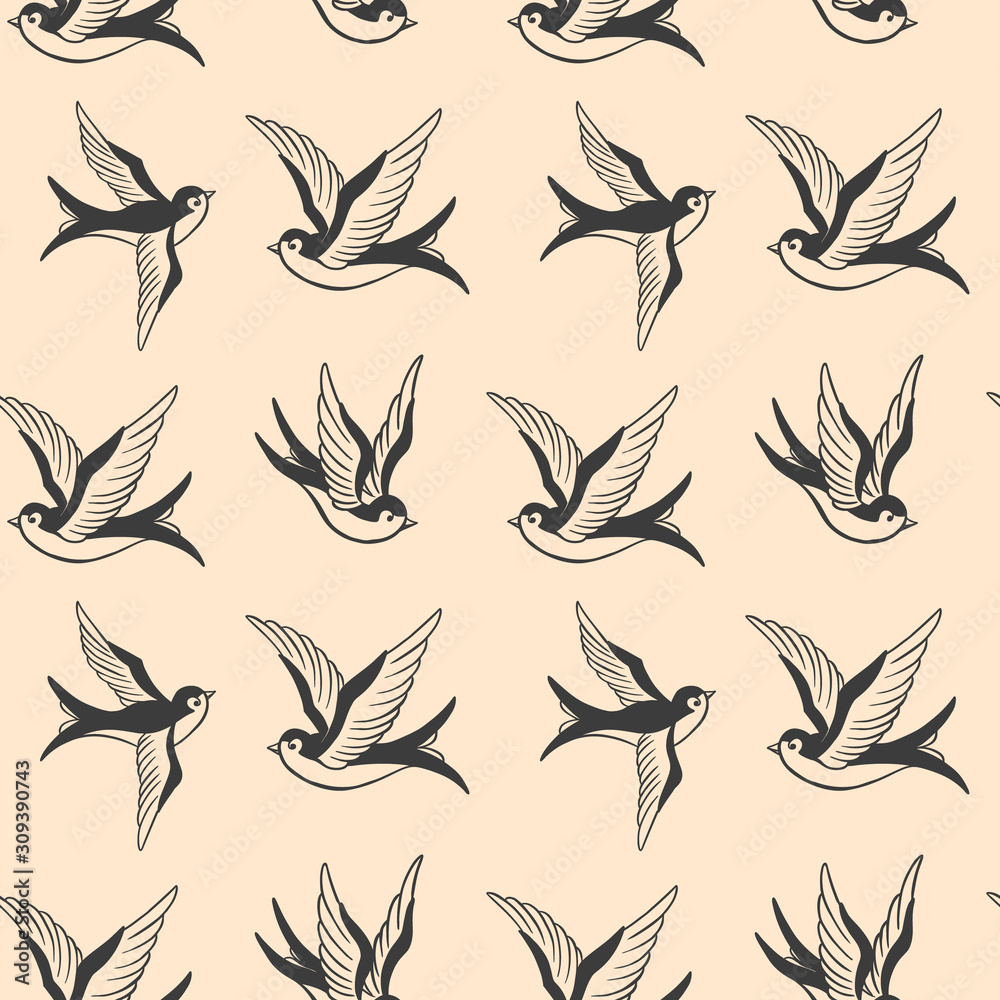 Seamless pattern with swallows in old school tattoo style. For poster, card, banner, flyer.