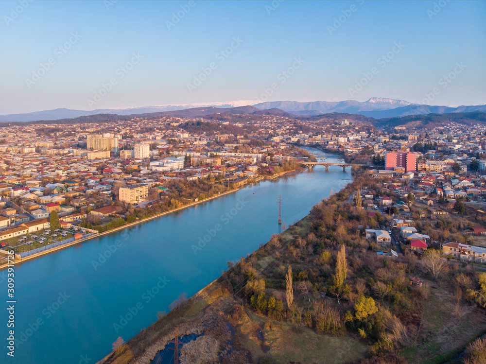 Morning view of Kutaisi, Georgia. Drone aerial photo