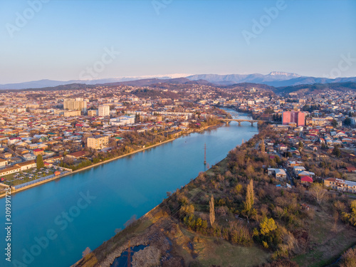 Morning view of Kutaisi, Georgia. Drone aerial photo