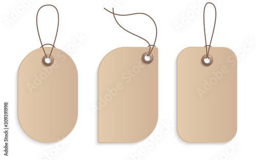Realistic craft paper price tag stock vector illustration. Cardboard label, paper sale tags mockup blank labels template shopping gift empty stickers with ropes tags vector set