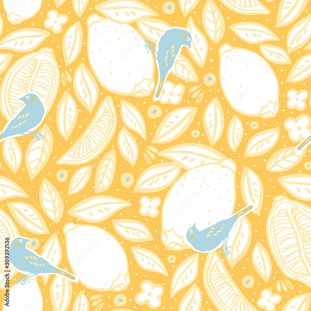 Tropical yellow lemon pattern, orchard, citrus tree, bird. Fruit, floral background. Vector seamless print for fabric or wallpaper