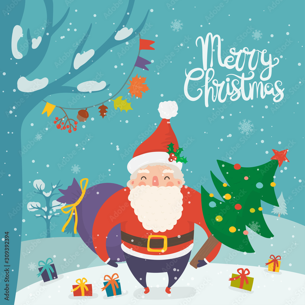 Cartoon illustration for holiday theme with happy Santa Claus on winter background with trees and snow. Greeting card for Merry Christmas and Happy New Year. .Vector illustration.