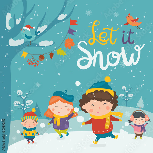 Cartoon illustration for holiday theme with happy children on winter background with trees and snow. Greeting card for Merry Christmas and Happy New Year..Vector illustration.