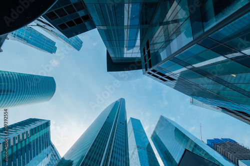 Foto Skyscrapers in downtown area, bottom view