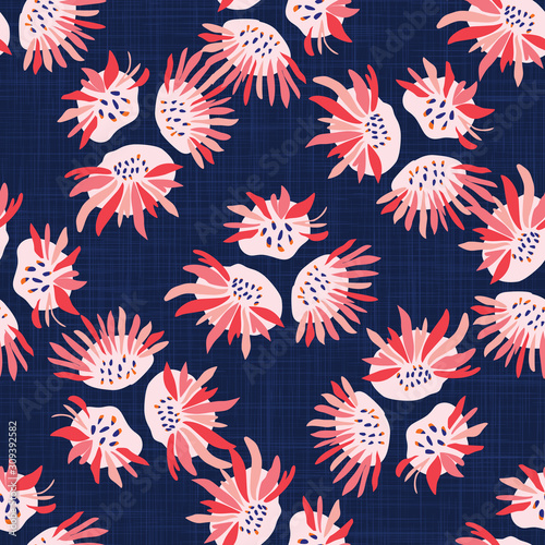 Hand Painted Bold Summer Bloom Floral Motif Seamless Pattern. Classic Blue Pink Flower Petal Background. Modern Bright Cut Out Collage Style Textile. Exotic Hawaiian Allover Print Vector Eps 10 Tile. 