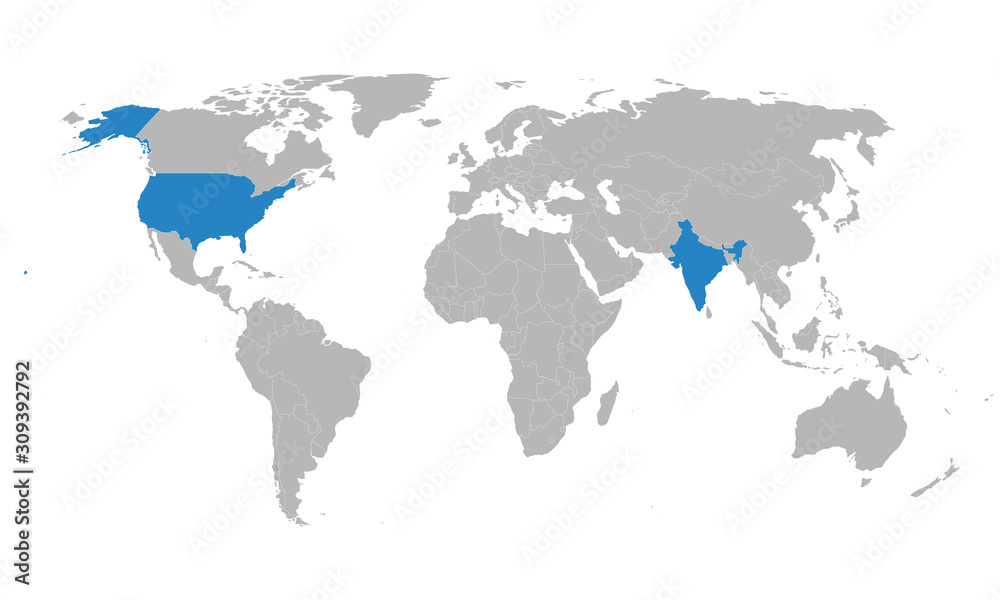 India, US map highlighted blue on world map vector. Gray background. Perfect for backgrounds, backdrop, business concepts, presentation, charts and wallpapers.