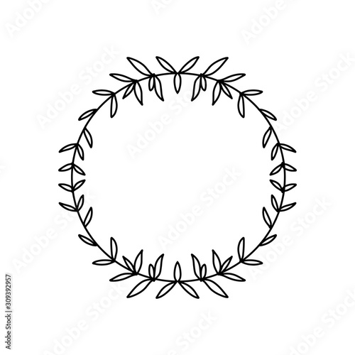 Floral wreath illustration, single line dravwing. Black outline circle flower frame for weddong decor. Vector simple illustration.