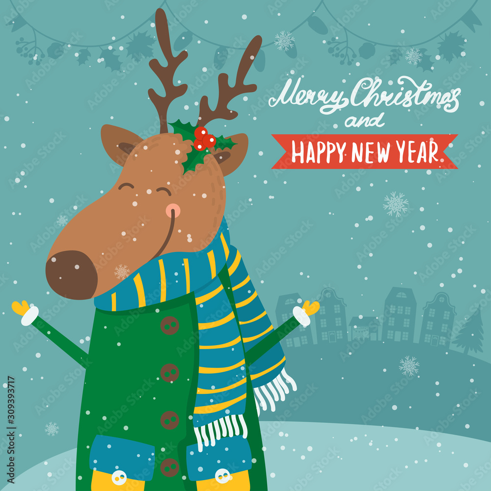 Cartoon illustration for holiday theme with happy reindeer on winter background with trees and snow. Greeting card for Merry Christmas and Happy New Year..Vector illustration. Cartoon illustration for holiday theme with happy reindeer on winter background with trees and snow. Greeting card for Merry Christmas and Happy New Year..Vector illustration.