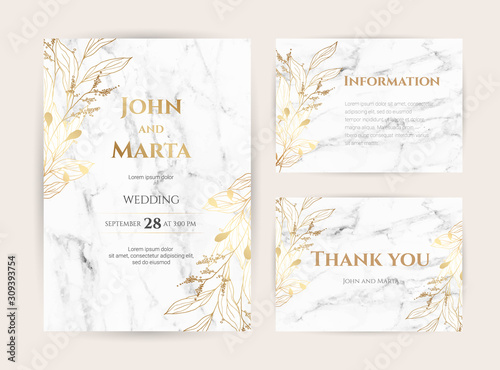 Luxury Marble Wedding invitation cards with gold geometric polygonal lines vector design template. Trendy templates for banner, flyer, poster, greeting. eps10