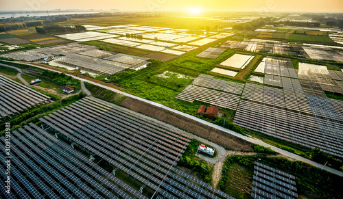 Canvas Print Aerial sunset solar photovoltaic outdoors