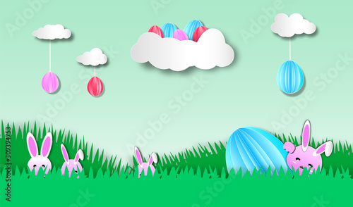 Easter eggs on cloud with rabbits sneak in the grass for happy holiday vector or illustration with paper art style