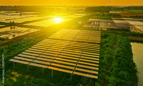 Aerial sunset solar photovoltaic outdoors