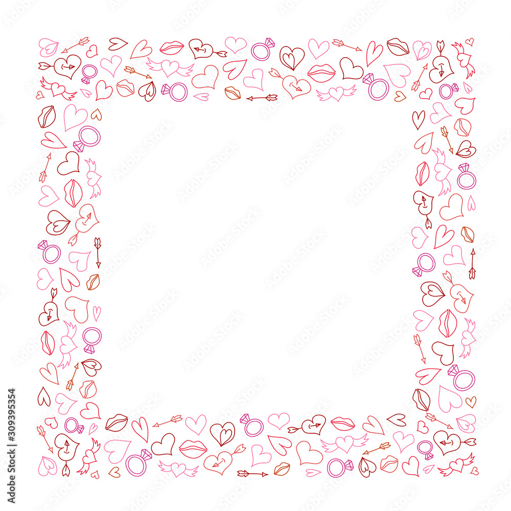 Ornament frame or border with red and pink hearts, arrows, wings and rings for Valentine'a Day greeting cards or backgrounds, stock vector illustration