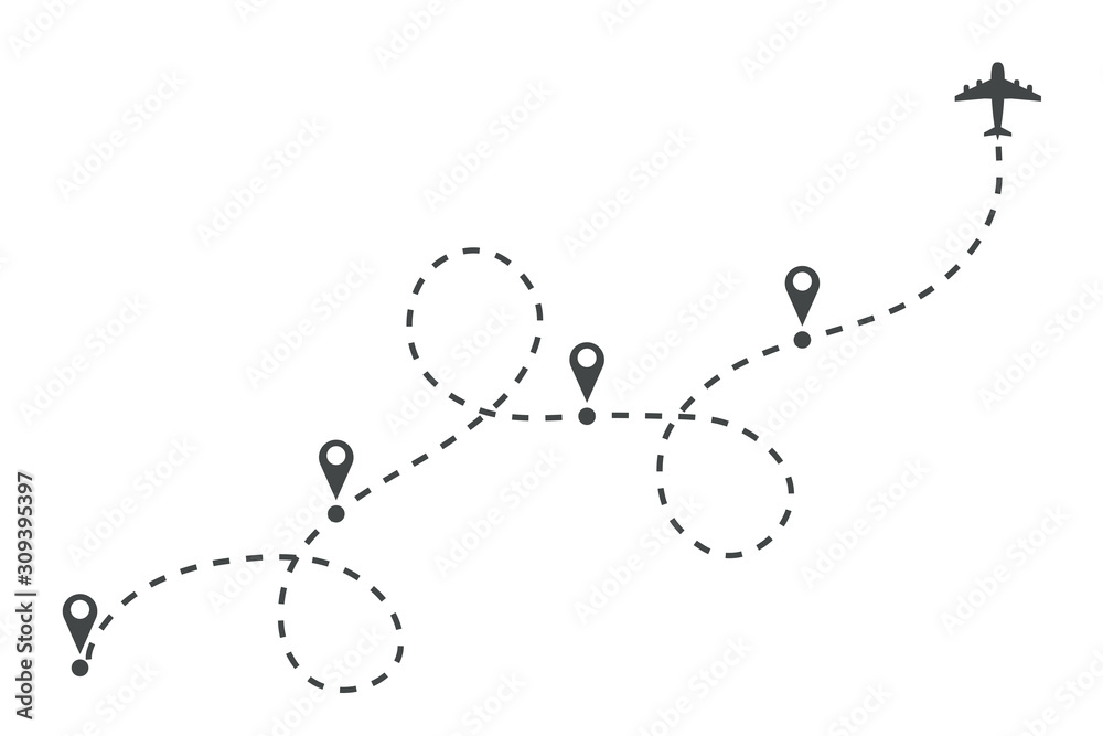 Airplane dotted route line. Flight tourism route path, plane flights itinerary starting pin to destination point or pathway map. Dashed airplane flights start track vector illustration Airplane dotted route line. Flight tourism route path, plane flights itinerary starting pin to destination point or pathway map. Dashed airplane flights start track vector illustration