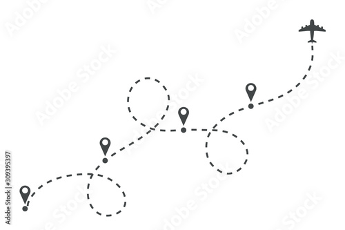 Airplane dotted route line. Flight tourism route path, plane flights itinerary starting pin to destination point or pathway map. Dashed airplane flights start track vector illustration
