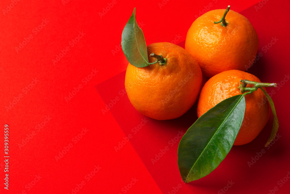 Three ripe bright raw tangerines on branch with green leaves on graphic duotone scarlet crimson red background. Chinese New Year prosperity luck concept Three ripe bright raw tangerines on branch with green leaves on graphic duotone scarlet crimson red background. Chinese New Year prosperity luck concept