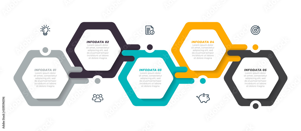Vector infographic label design template with modern hexagon layout. Business concept with 5 steps, options. - obrazy, fototapety, plakaty 