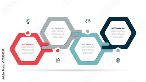 Vector infographic label design template with modern hexagon layout. Business concept with 4 steps, options ,processes.