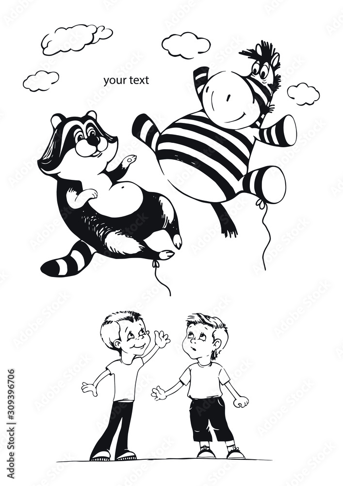 two boys launch balloons in the sky on a birthday. Zebra and raccoon fly in the sky. Greeting card. Congratulation