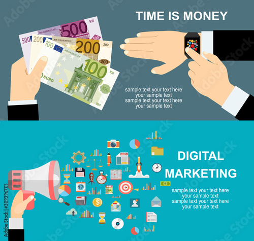 Flat design illustration concepts for business analysis and planning, consulting, team work, project management, brainstorming, Timr is money . Concepts web banner and printed