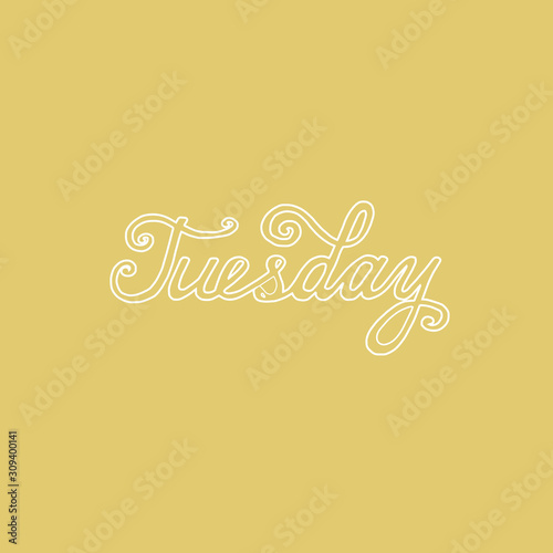 Week day lettering. Tuesday. Hand drawn modern calligraphy brush pen style.  White outline on nude background.  Calligraphic element for design. Vector illustration. 