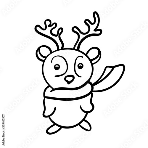 Deer in a scarf. Vector illustration. Cute cartoon character. Children s style. Coloring page adult and kids.