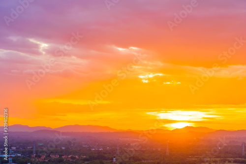 Beautiful landscape with sunrise or sunset over mountain