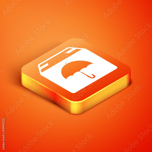 Isometric Delivery package with umbrella symbol icon isolated on orange background. Parcel cardboard box with umbrella sign. Logistic and delivery. Vector Illustration