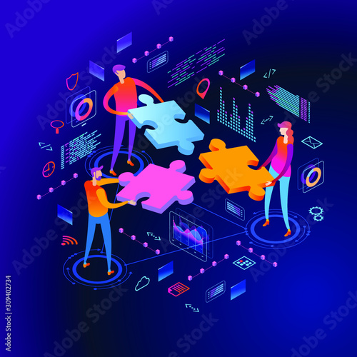 Page template of solution. Modern 3d isometric vector illustration of web page design.