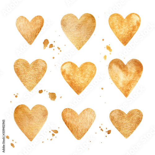 Sparkling gold hearts and stain. Gold hearts isolated on wite background. Watercolor Illustration. Hand drawn. 