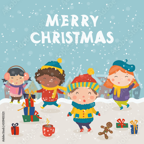 Cartoon illustration for holiday theme with happy children on winter background with trees and snow. Greeting card for Merry Christmas and Happy New Year. e.Vector illustration.
