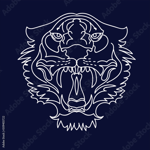 Vector line art picture of tiger. Stylized digital drawing of animal. Editable vector of Tiger head tribal tattoo logo. Flat illustration of a tiger head. Portrait of a predator. Tattoo wild cat.
