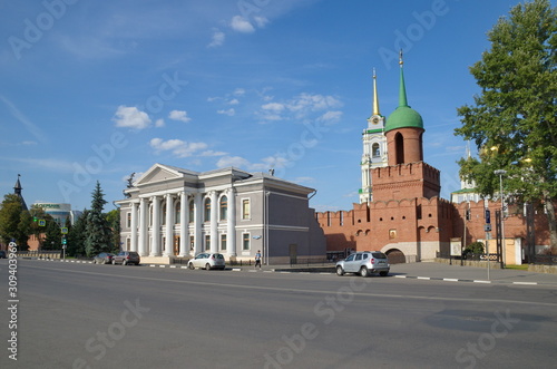 Tula, Russia - September 12, 2019: View of the Mendeleevskaya street, Museum of samovars and Odoevsky gate tower of the Tula Kremlin
