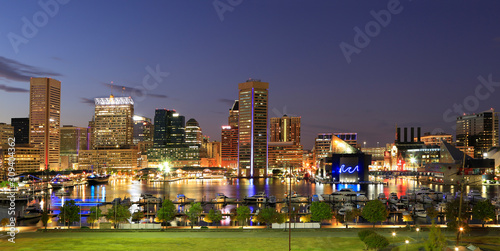 View of the Baltimore Inner Harbor and skyline during dusk from Federal Hill, USA