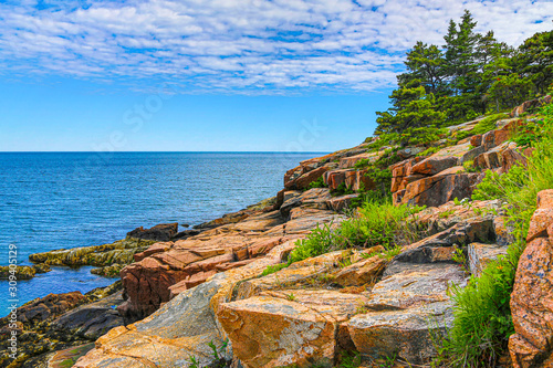 View of the rocky coastline in Acadia National Park, Maine