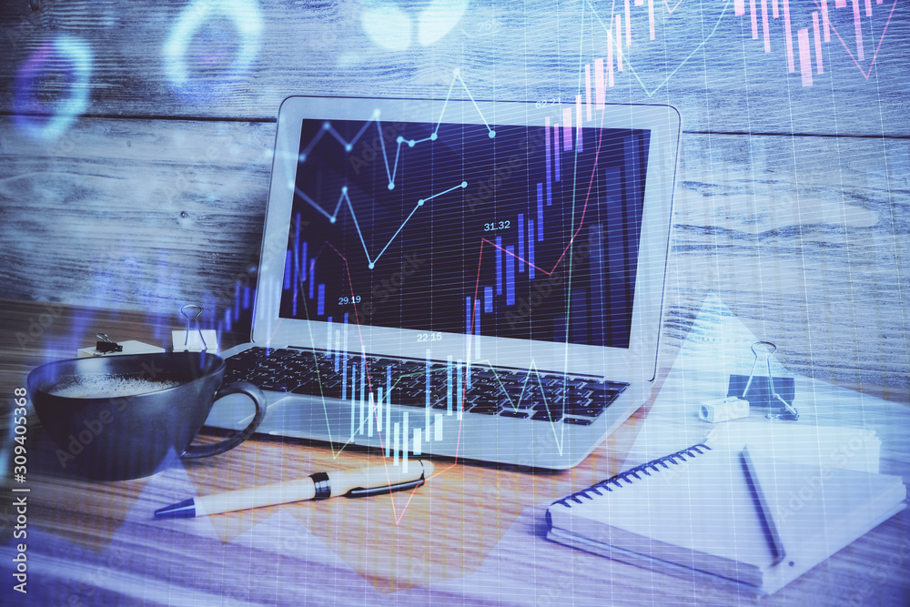 Multi exposure of forex graph and work space with computer. Concept of international online trading. Multi exposure of forex graph and work space with computer. Concept of international online trading.
