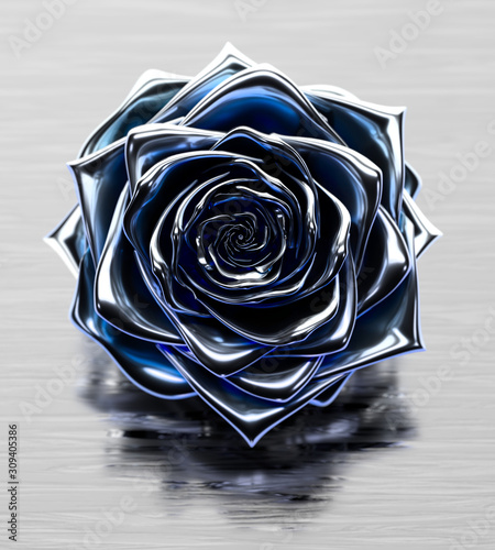 Blue metallic rose on a slight striped glossy gray background
