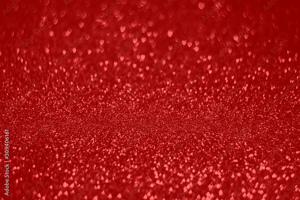 Abstract red background with hart shape bokeh. Sparkling and shine monochrome backdrop with little hearts.