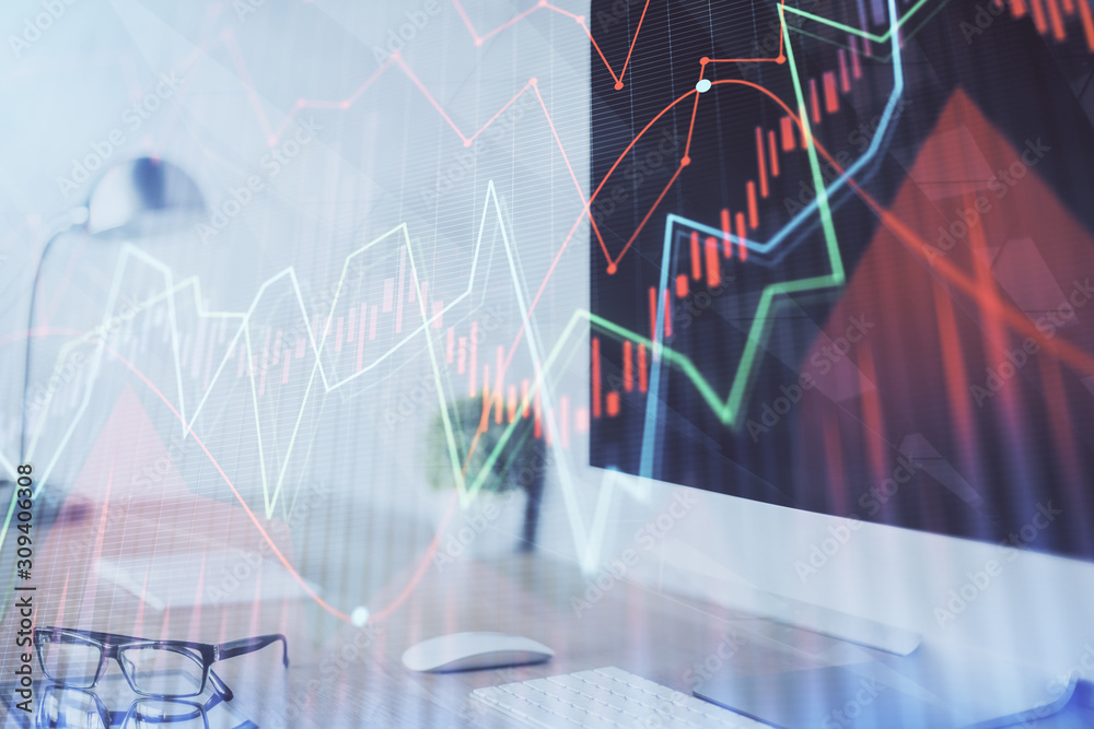 Forex graph hologram on table with computer background. Multi exposure. Concept of financial markets. Forex graph hologram on table with computer background. Multi exposure. Concept of financial markets.